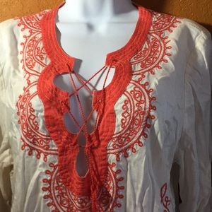 - Charter Club White and Orange Embroidered Tunic